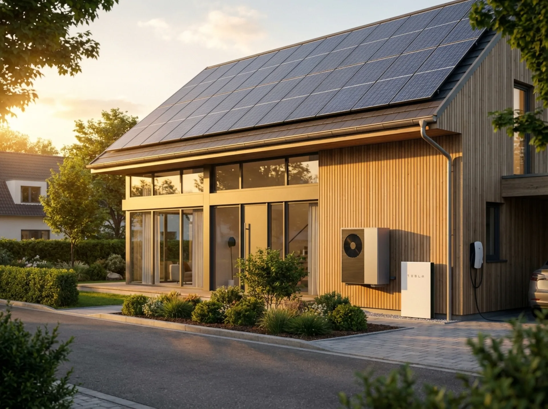 Modernes Haus mit Solar, Speicher und Wärmepumpe